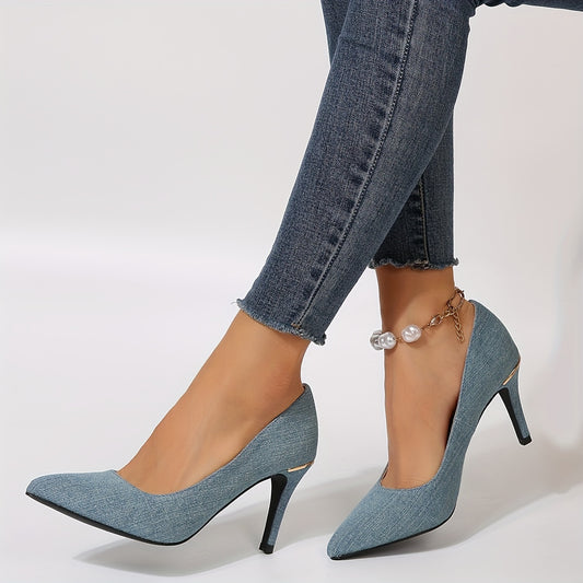 Tacones de aguja elegantes de mezclilla azul - Zapatos de punta puntiaguda sin cordones - Moda elegante atemporal para mujeres - Zapatos de vestir ideales para eventos formales