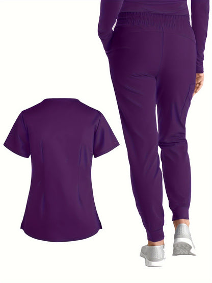 Stylish Solid Two-Piece Scrub Set - Women's Medical Uniform, Elegant V-Neck Short Sleeve Top & Drawstring Pants Outfit with Comfortable Fabric for Healthcare Professionals - Easy Care, Breathable, and Relaxed Fit