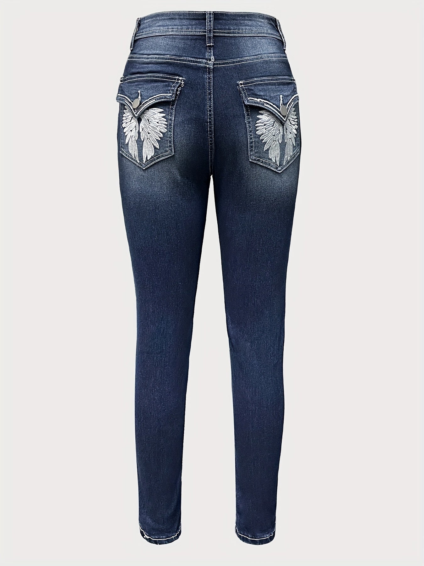 Classic High-Waisted Jeans For Women, Stretch Cotton Blend, Embroidered Design - LuxyXO