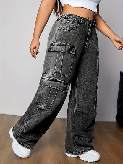 Woman wearing stylish plus size cargo jeans with multi-pocket design and side flap pockets, showcasing streetwear style.