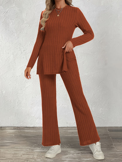 Trendy Two-Piece Ribbed Pantsuit Set - Long Sleeve Crew Neck Split Top & Strait Pants Outfit