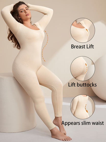 Plus Size Seamless Yoga Bodysuit - High Stretch, Long Sleeve, Solid Color Activewear Jumpsuit