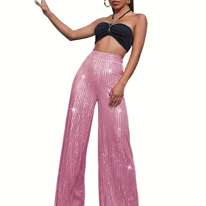 Sequin Decor Wide Leg Pants, Elegant High Waist Loose Pants For Party & Club, Women's Clothing