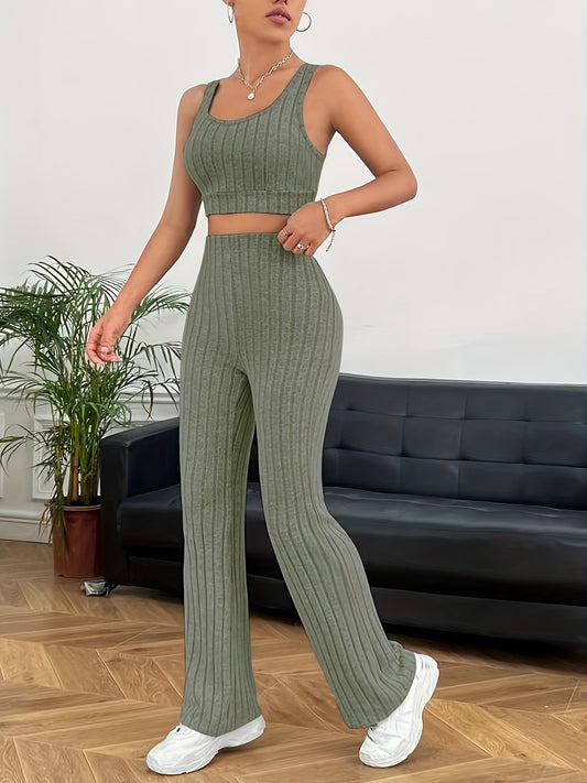 Chic Ribbed Two-piece Outfit Set - Soft Crop Tank Top & High Waist Pants - Flattering Casual Wear for Women