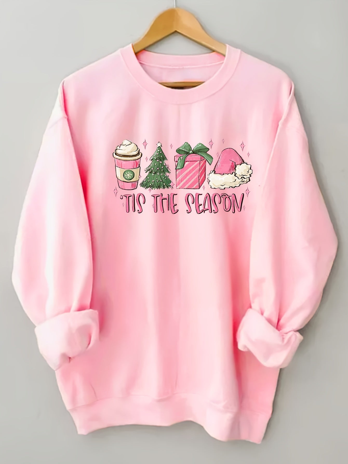 Cozy Holiday Season Print Long Sleeve Crew Neck Sweatshirt - Fashion Sweatshirts for Women - Soft, Casual, Comfortable, Relaxed Fit, Perfect for Winter, Christmas Party, and Daily Wear