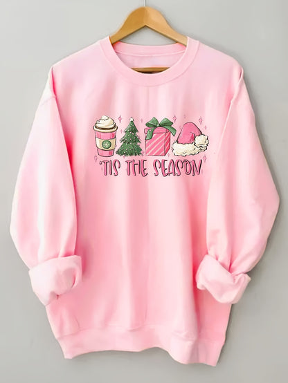 Cozy Holiday Season Print Long Sleeve Crew Neck Sweatshirt - Fashion Sweatshirts for Women - Soft, Casual, Comfortable, Relaxed Fit, Perfect for Winter, Christmas Party, and Daily Wear