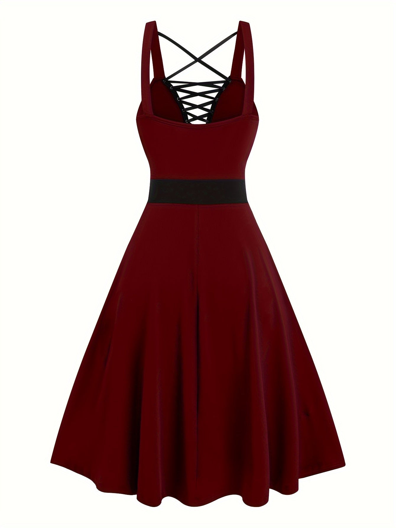 Elegant Gothic-Inspired Plus Size Dress with Lace-Up Detail, Deep V-Neck & High Waist A-Line Design - Perfect for Spring/Summer