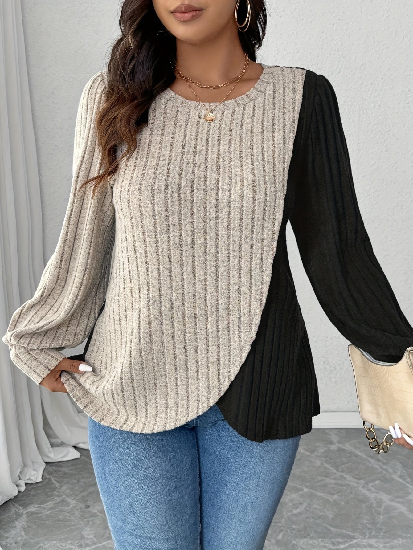 Plus Size Elegant Ribbed Knit T-Shirt - Stretchy & Soft, Long Sleeve with Asymmetrical Hem, Round Neck, Beige & Black Patchwork