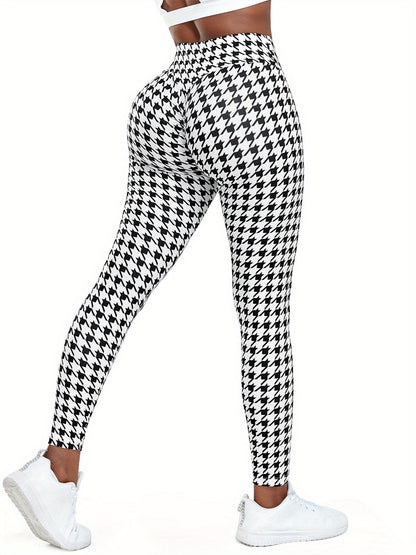 Women's High Waist Houndstooth Yoga Leggings - Stretchy, Elegant Activewear Pants for All Seasons