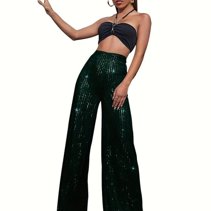 Sequin Decor Wide Leg Pants, Elegant High Waist Loose Pants For Party & Club, Women's Clothing