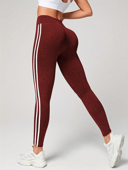 Elastic Waist Leggings with Side Stripes and Fleece Lining - Casual Slim Straight Long Pants with Slight Stretch