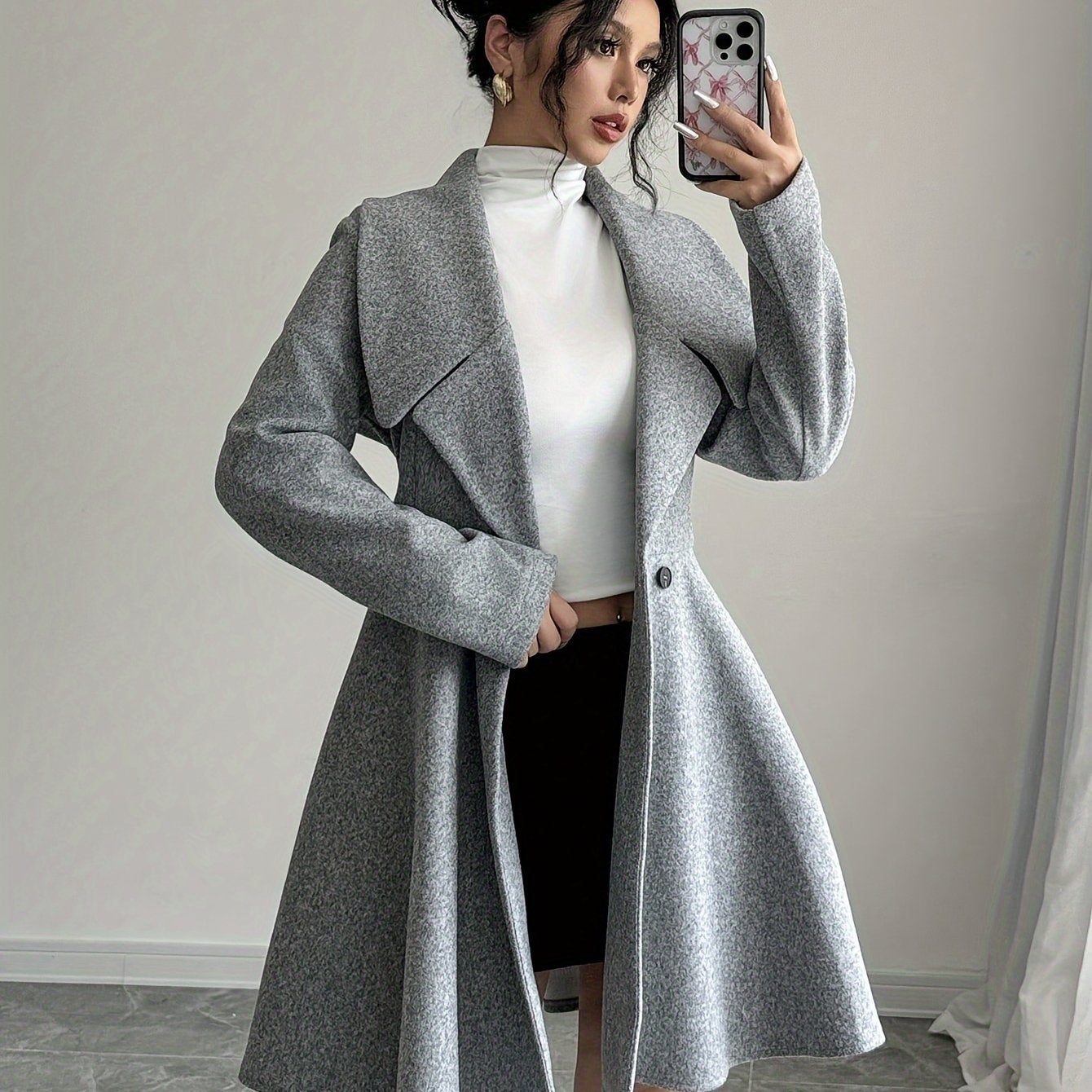 1pc Elegant Women'S Solid Color Stand Collar Long Sleeve Double-Breasted Coat, Polyester Woven Fall/Winter Outerwear with Button Detail