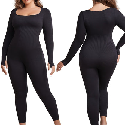 Plus Size Seamless Yoga Bodysuit - High Stretch, Long Sleeve, Solid Color Activewear Jumpsuit