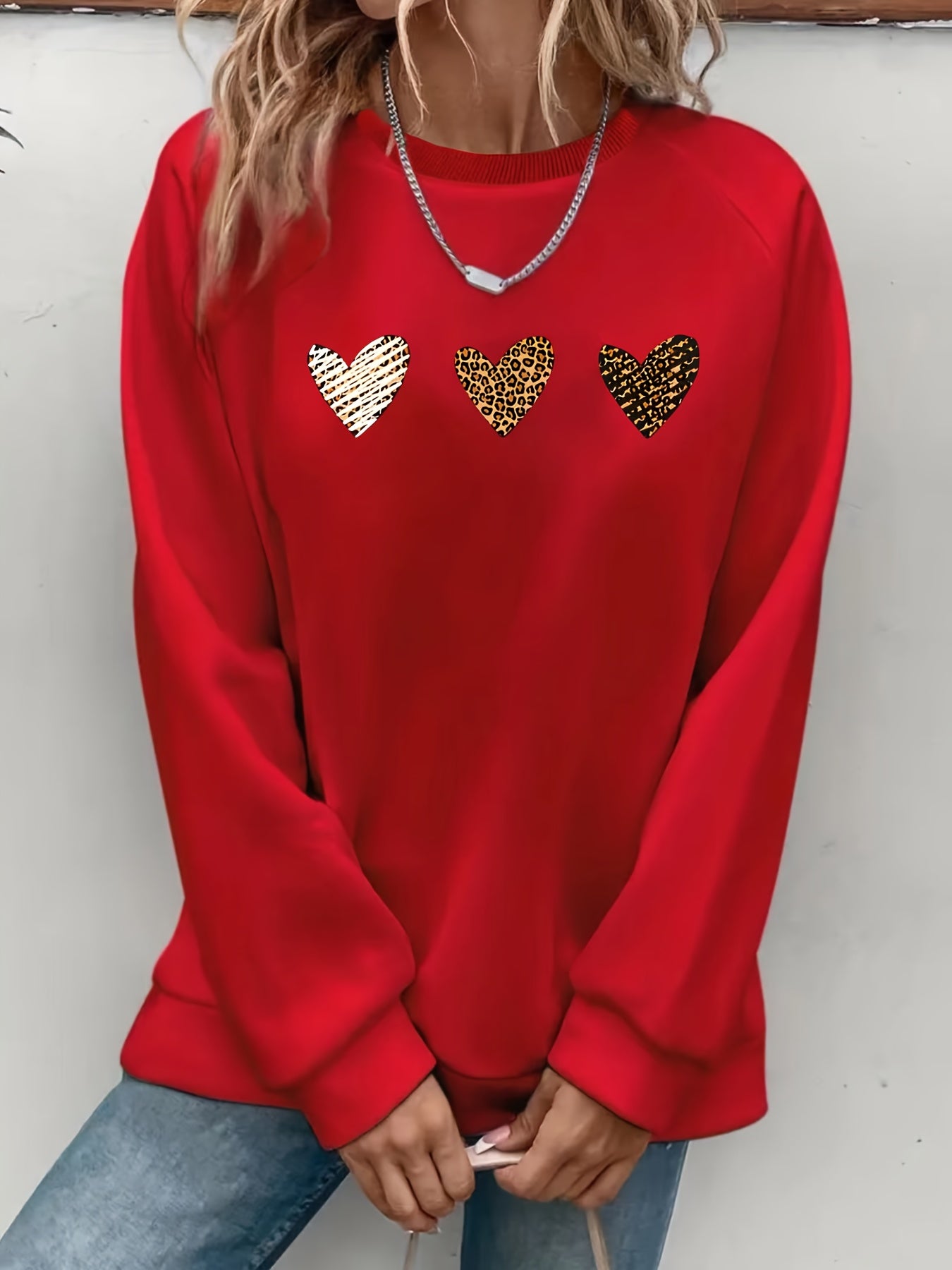 [Moda de temporada] Sudadera informal de cuello redondo de gran tamaño para mujer, tejido de punto 100 % poliéster, jersey de manga larga con patrón geométrico de corazón para otoño/invierno, jersey acogedor, jersey de cuello redondo, sudadera elegante