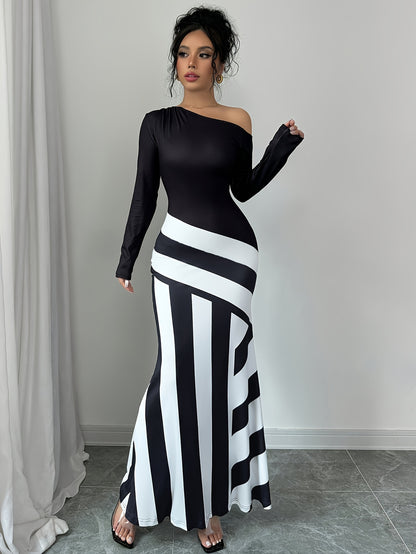 Elegant Off-Shoulder Striped Maxi Dress for Women - Long Sleeve, Bodycon Fit, Machine Washable