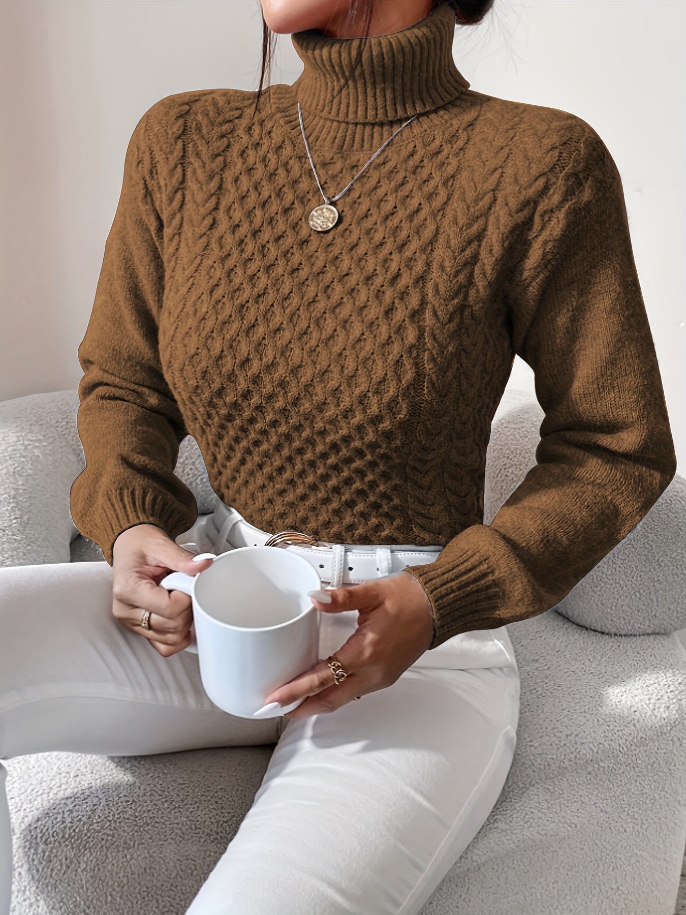 Solid Color Long Sleeve Sweater, Casual Turtle Neck Sweater For Winter & Fall