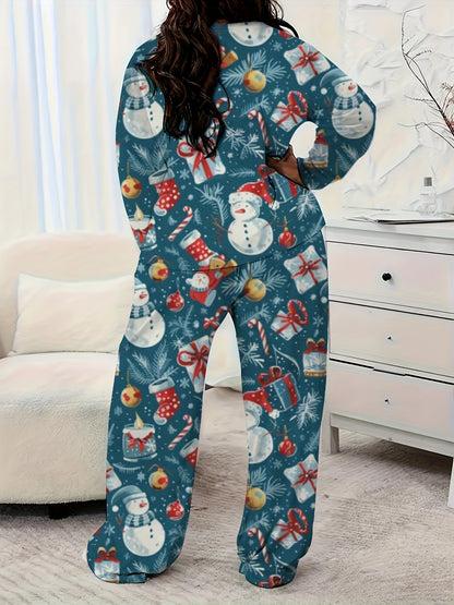 Women'S Plus Size Christmas Print Casual Long Sleeve Set, Polyester Knit Fabric, Round Neck, Full-Body Print, Comfort Fit, Lounge Wear