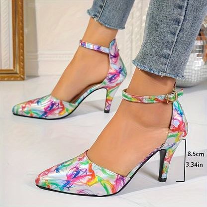 Chic Womens Colorful Print High Heel Sandals - Strappy Buckle Accent, Fashion-Forward Hollow Out Design, Pointed Toe for Work to Evening Glam - Office-Approved Dress Shoes