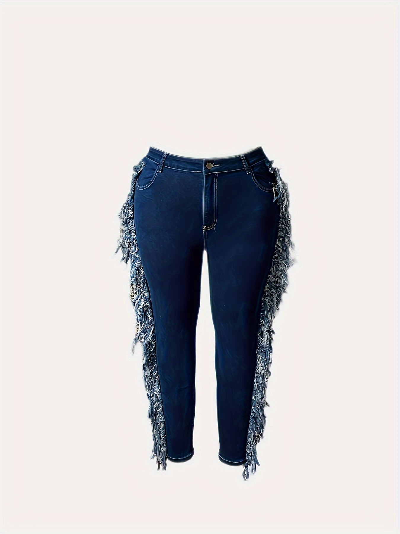 Plus Size Stretchy Fringe Jeans for Women - High-Waist Skinny Denim Pants with Raw Hem and Tassel Detail