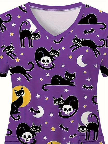 Spooky Halloween Cartoon V-Neck Scrub Top - Soft, Breathable, Comfortable, Functional Health Care Uniform - Perfect for Working in Hospitals, Dental Offices, Women's Work Clothing for Medical Professionals