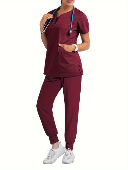 Two-Piece Comfortable Nurse Uniform Set - Soft, Slight Stretch, Crew Neck, Two Front Pockets, Drawstring Waist, Machine Washable, Easy Care