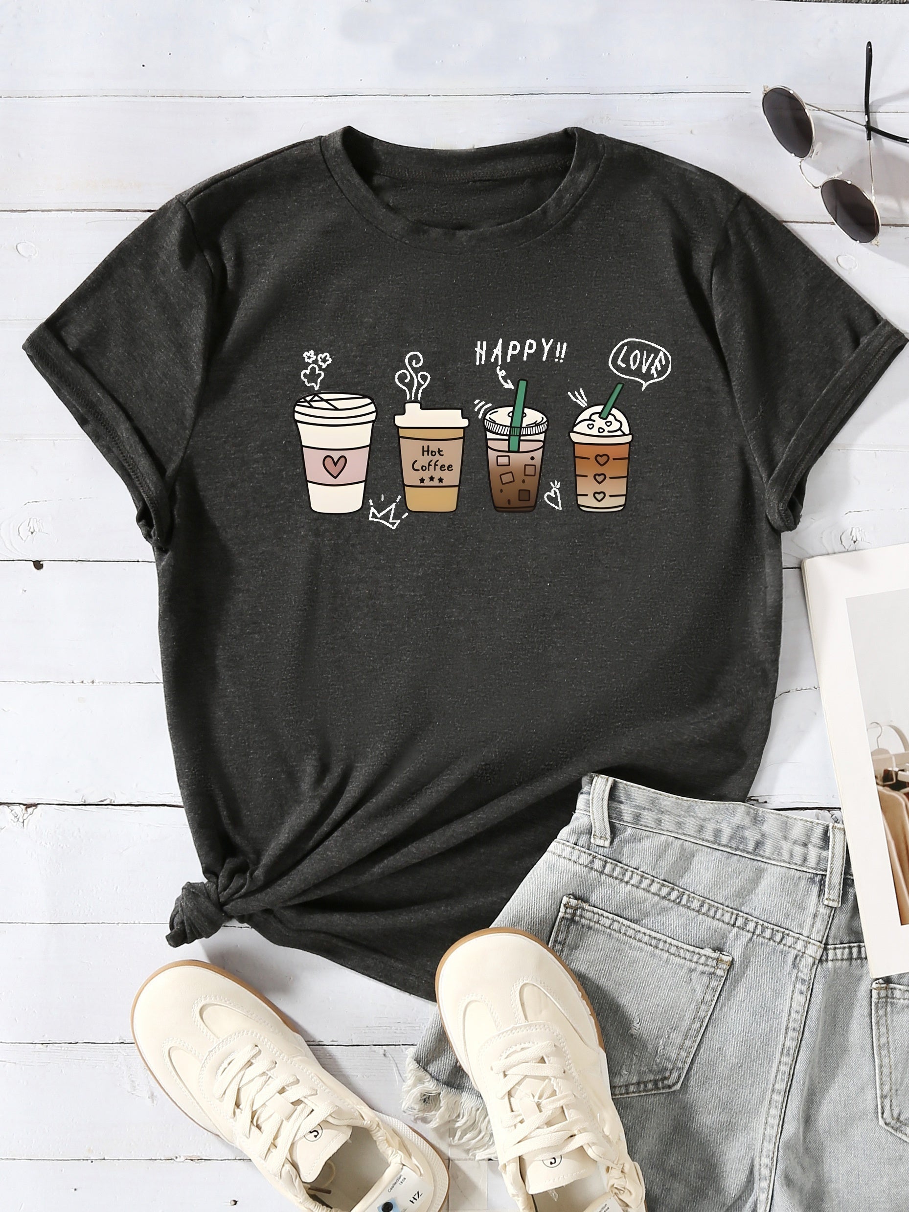 Vibrant Coffee Print Crew Neck T-Shirt - Soft, Breathable, Short Sleeve, Casual Wear for Spring & Summer - Women's Fashionable Clothing for Daily Life - LuxyXO