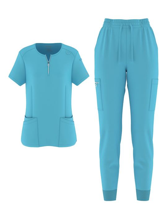 2pcs Modern Solid Color Scrub Set - Scrub Sets for Women, Breathable & Comfortable Health Care Uniform with Zip Up 2 Pockets Scrub Top and Elastic Waist Scrub Bottoms for Doctor, Nurse, Physician, Dentist