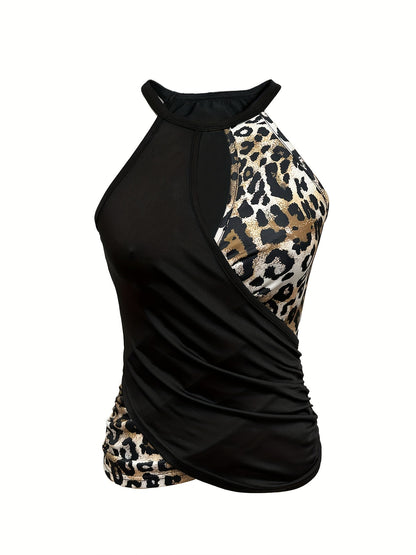 Leopard Print Cross Front Cami Top - Elegant Cut Out Sleeveless