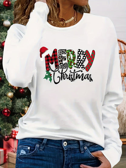 Women's Christmas Applique Long Sleeve T-Shirt - 100% Polyester Knit Fabric, Casual Crew Neck, Medium Stretch, Regular Fit, Fall Season Sweater