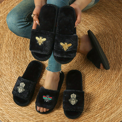 Pantuflas de felpa con dibujos de abejas para mujer: cálidas y antideslizantes