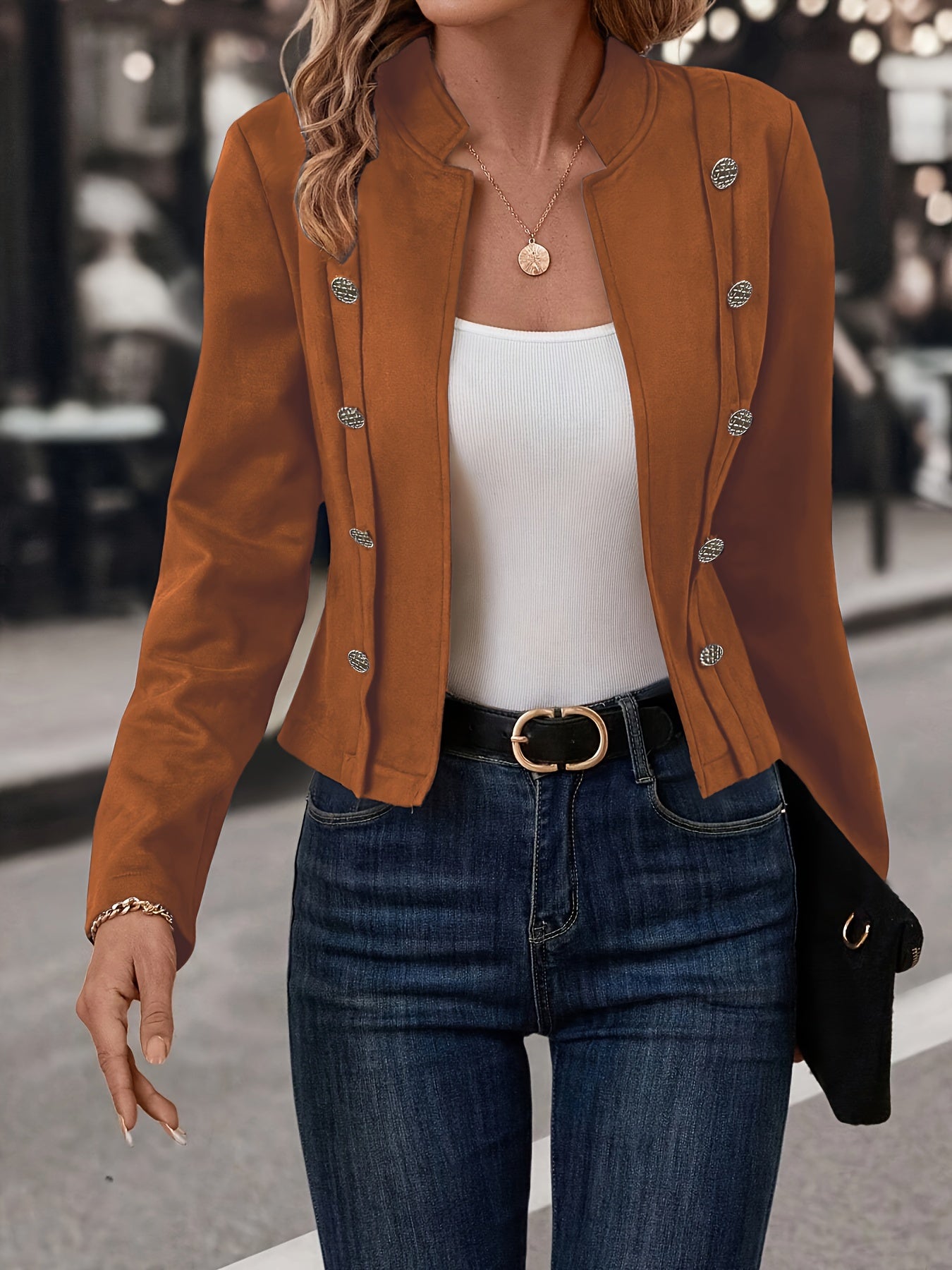 Elegant Long Sleeve Jacket - Classic Button Front Closure, Rich Solid Color Design, Comfortable Long Sleeve Style - Perfect for Chilly Fall and Winter Seasons, Exclusively Designed for Womens Clothing