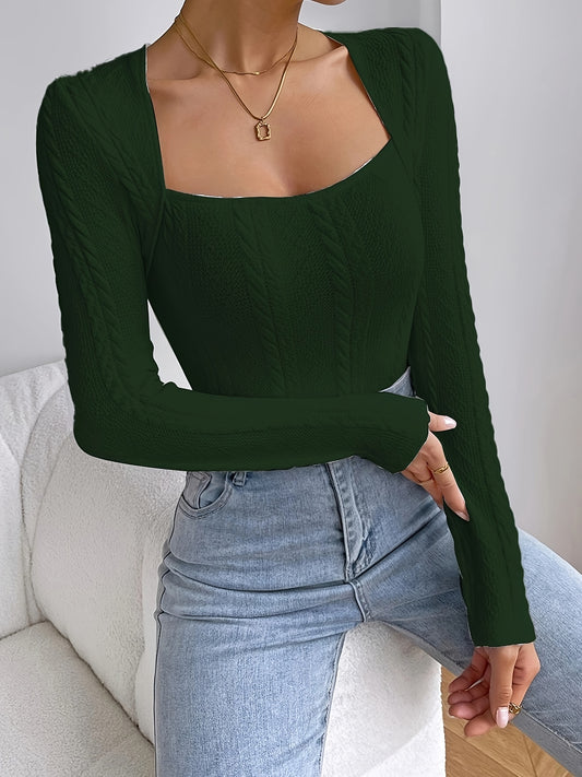 Elegant Long Sleeve Cable Knit Bodysuit - Women's Clothing - Soft, Stretchy, and Comfortable Square Neck Bodycon Bodysuit for Everyday Wear