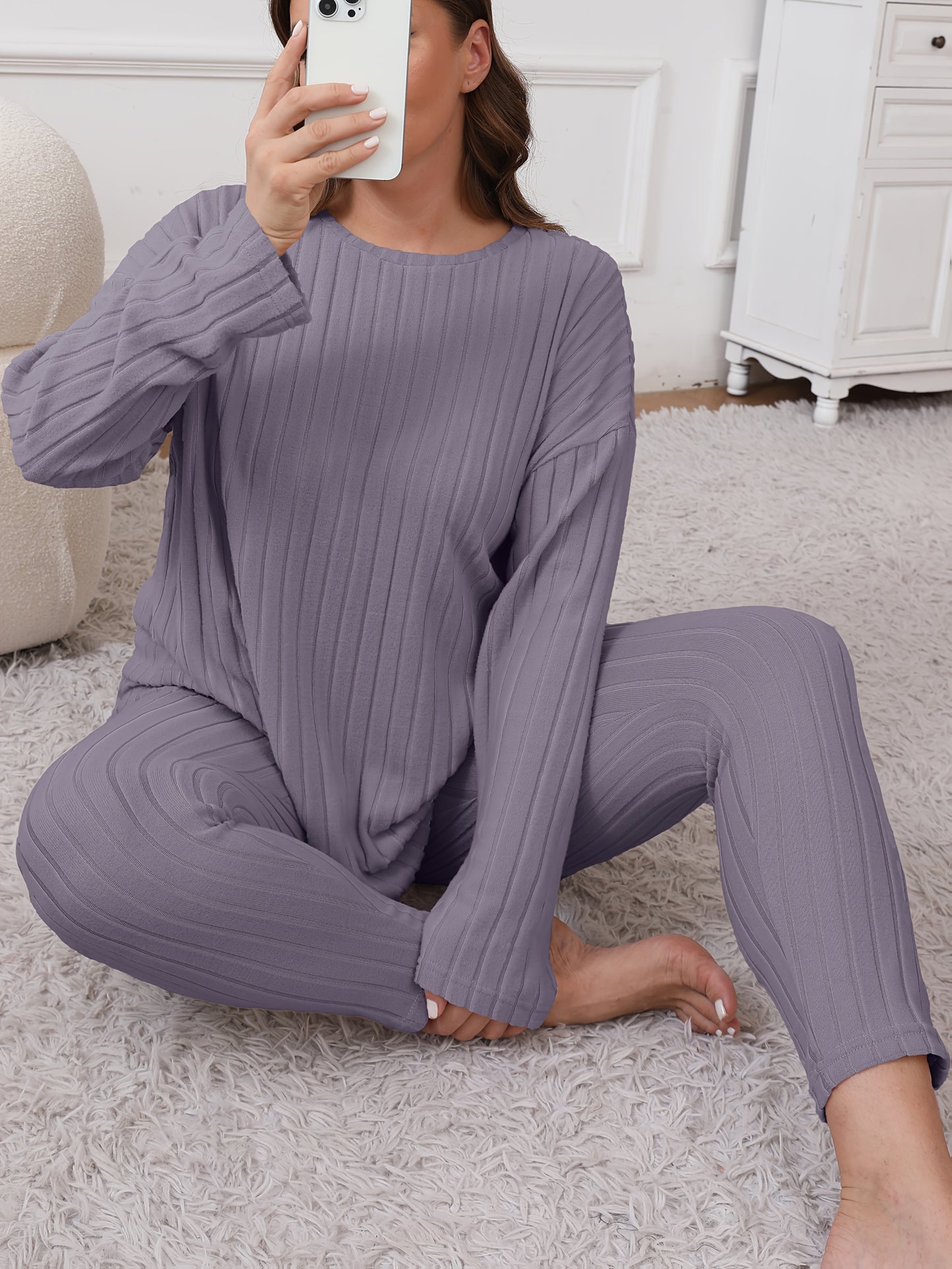 Women's Plus Size Elegant Ribbed Knit Clothing Set - Long Sleeve Round Neck Top & Pants, Stretchy Cozy Gray Two-Piece Outfit for Casual Wear