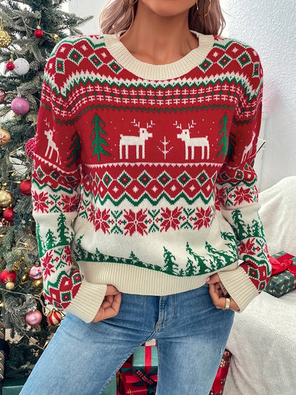 Casual Cozy Deer Pattern Crew Neck Sweater - Soft, Warm, and Comfortable Long Sleeve Sweater for Fall and Winter - Women's Fashion Clothing for Daily Wear, Outdoor Activities, and Holiday Parties