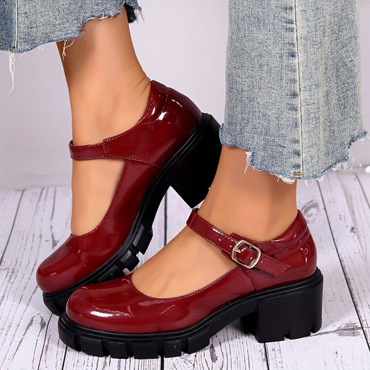 High Heel Mary-Jane Shoes - Chunky Block Heel, Round Toe, Buckle Strap, Synthetic Leather Upper, Rubber Sole, Versatile Solid Color Design for All Seasons