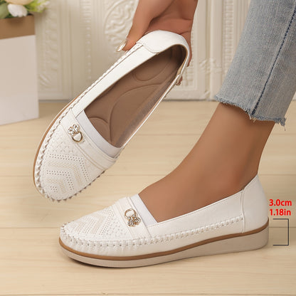 Elegant Women's Slip-On Loafers with Decorative Buckle - Retro Solid Color, Versatile Casual Shoes