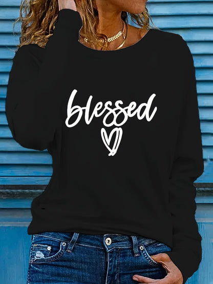 Women'S "Blessed" Heart Applique Long Sleeve Sweatshirt, Regular Fit