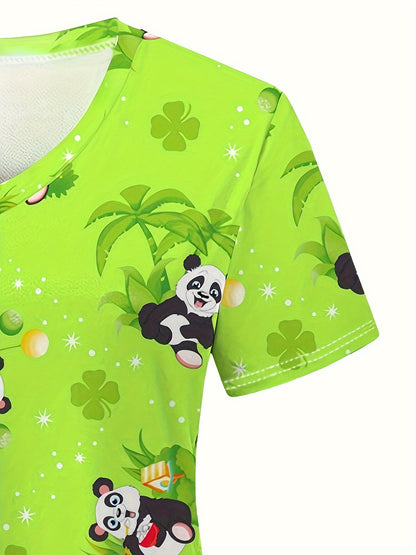 Panda Print Short Sleeve Stretchy V-Neck Top - Comfortable, Functional, and Machine Washable Health Care Uniform for Nurses - Polyester Knit Fabric, Micro Elasticity, Regular Length, and Random Animal Print Design