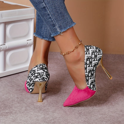 Zapatos de franela con estampado de letras sofisticados: tacones altos franceses con punta puntiaguda para mujer, estilo y elegancia para todas las estaciones