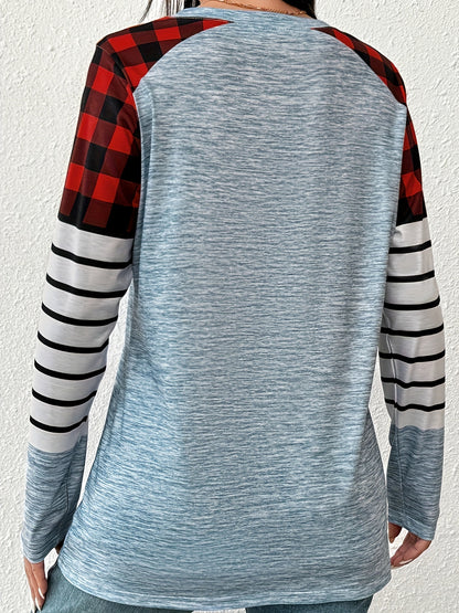 Plaid & Heart Print T-shirt, Casual Long Sleeve Crew Neck Top