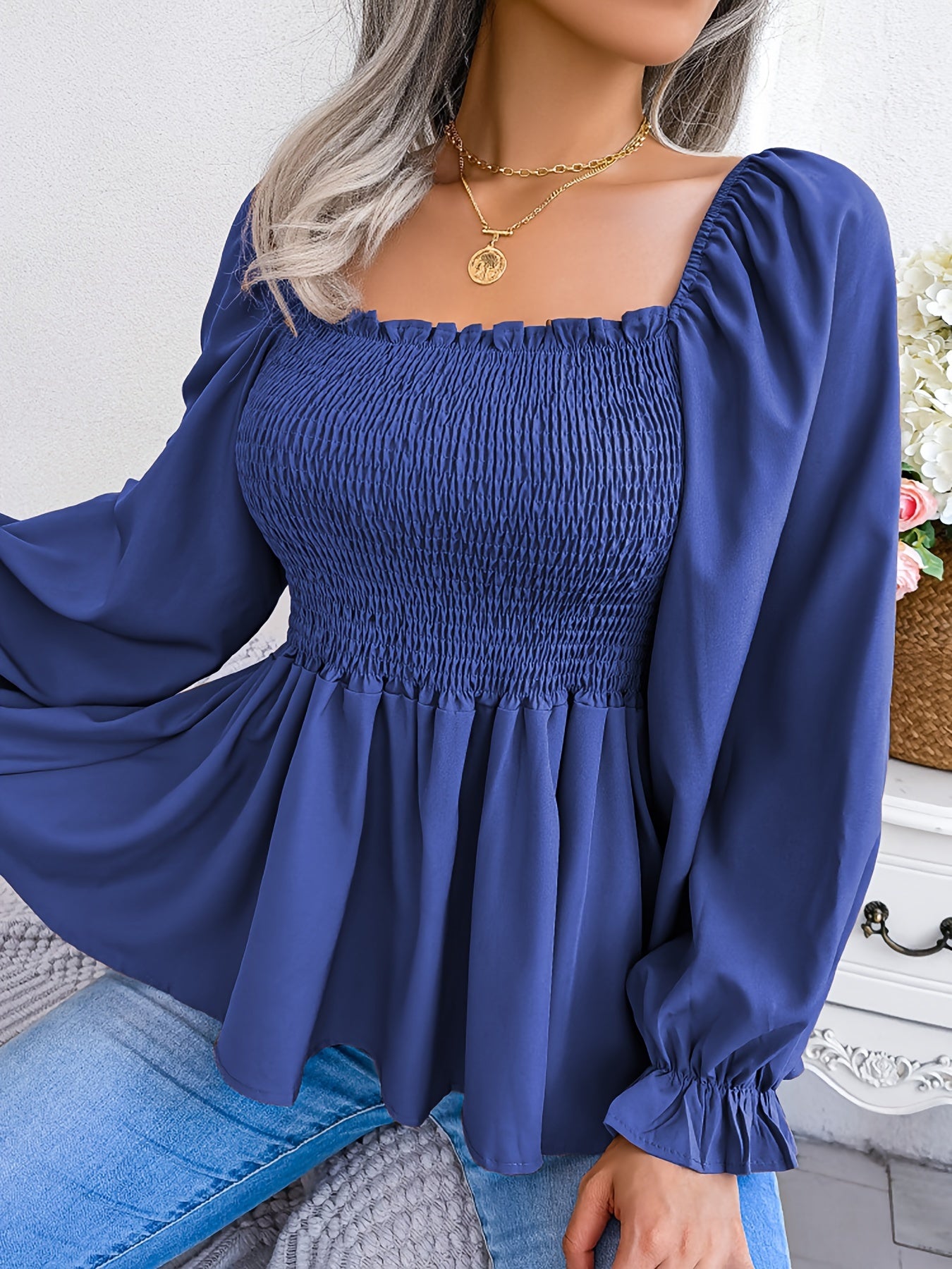 Plus Size Off The Shoulder Ruched Bust Long Sleeve Top - Elegant Solid Color Polyester Square Neck Casual Wear for Spring, Summer, Fall - Machine Washable, Non-Stretch Woven Fabric