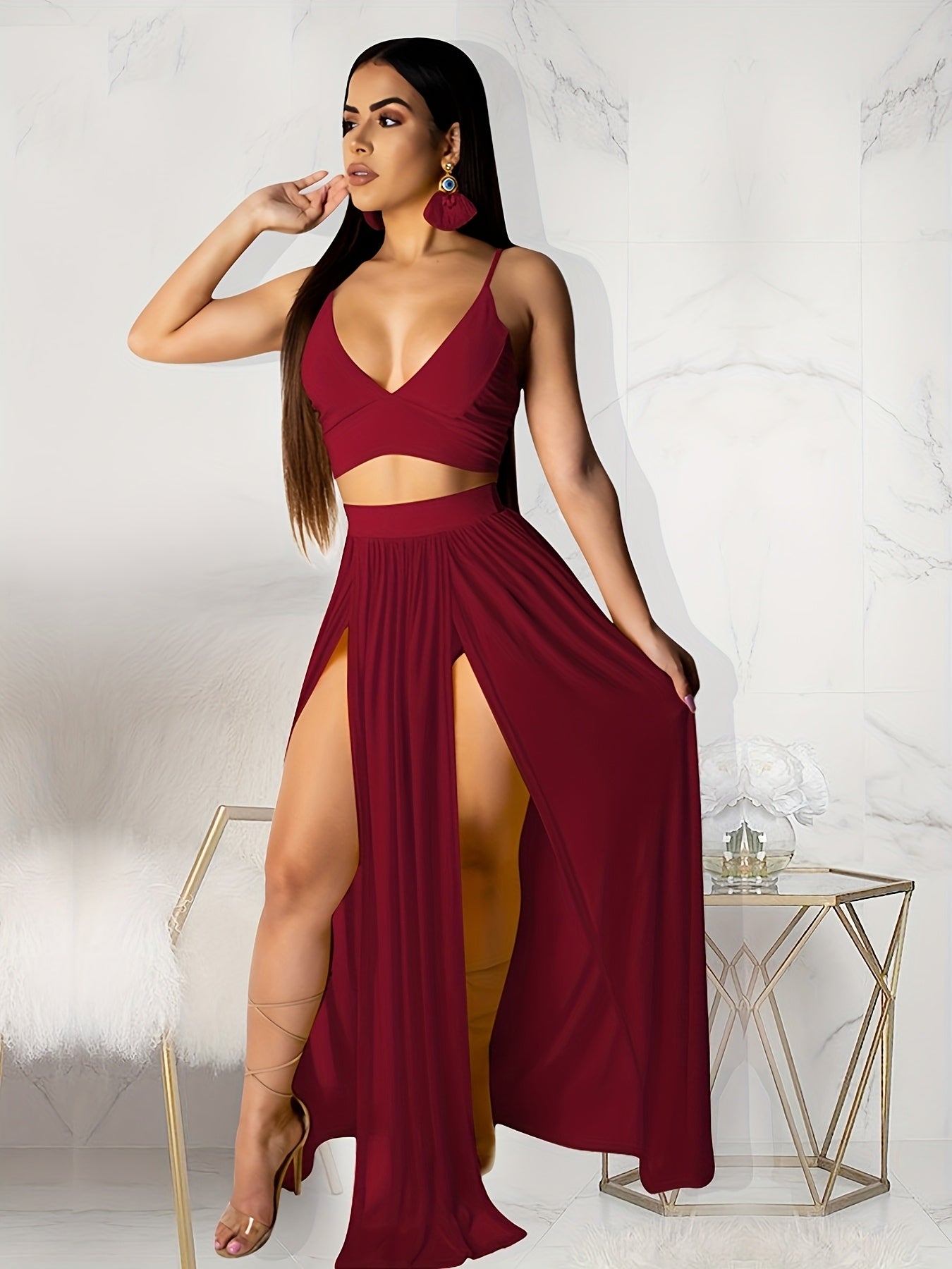 Women Sexy Dress 2pcs Skirt Outfits Strap Bra Crop Top & High Split Chiffon Skirt Goddess Dresses Set