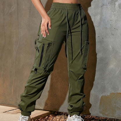 High-Waist Wide-Leg Cargo Pants - Casual Fashion, Soft Polyester, Drawstring Elastic Waist, Multi-Pocket Design