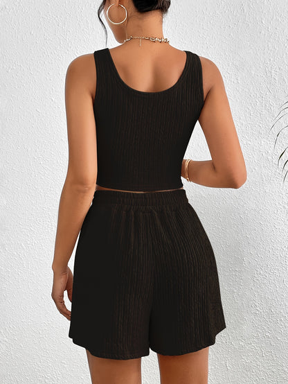 Solid Color Casual Shorts Set, Crop Tank Top & Elastic Waist Shorts Outfit