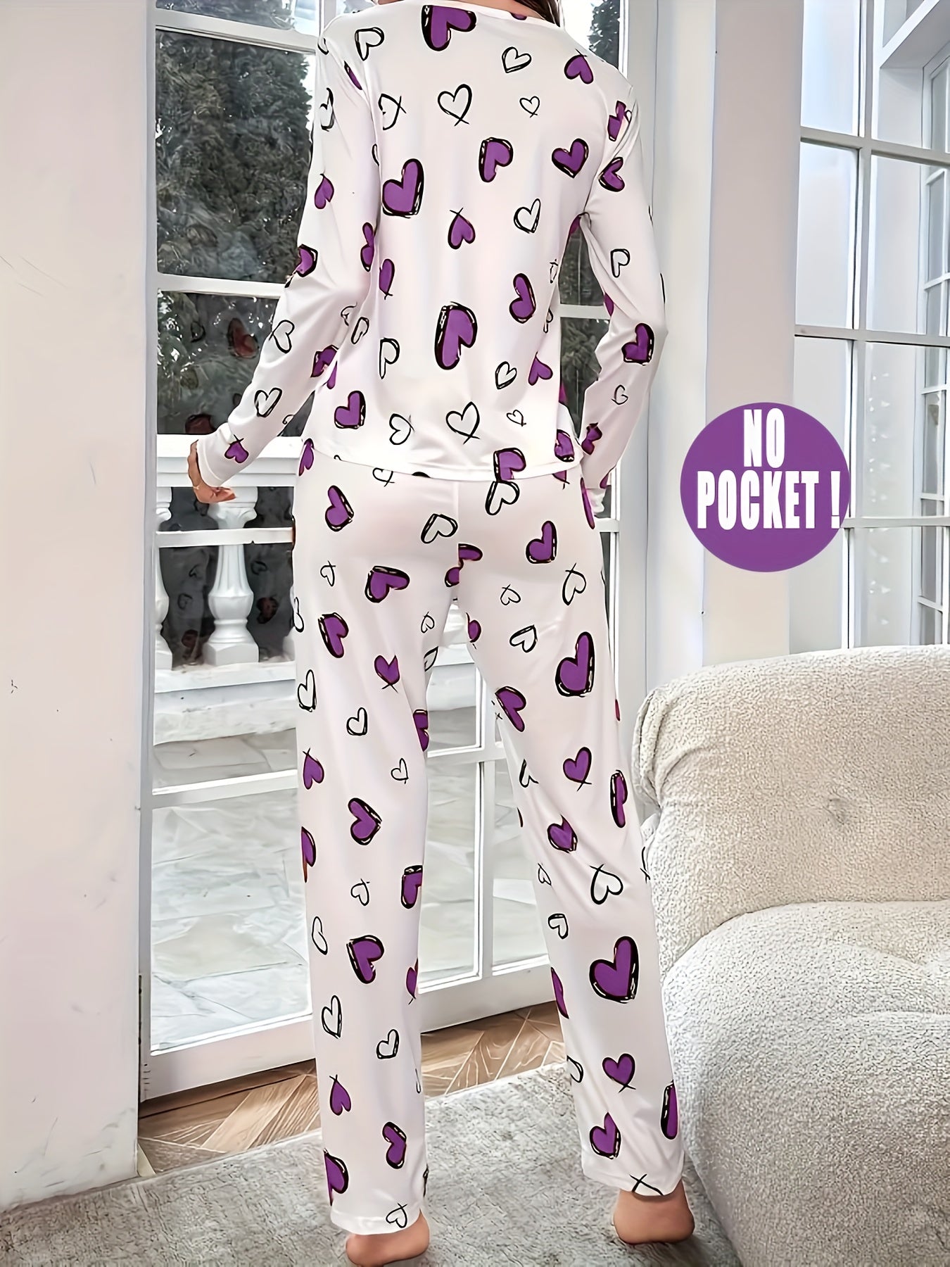 Cozy Heart Print Pajama Set for Women - Soft Long Sleeve Round Neck Top, Comfortable Relaxed Fit Pants, Perfect for Fall and Winter, Casual Lounge Wear for Home or Travel