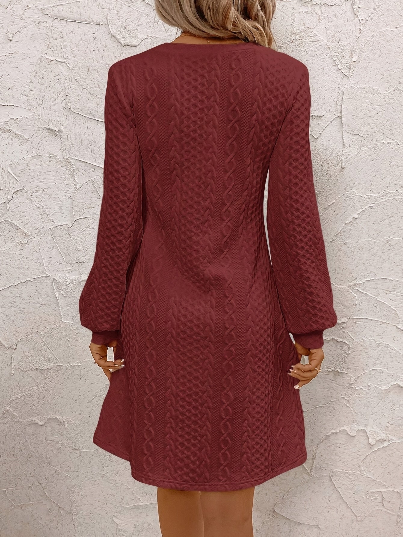 Elegante vestido tipo túnica de manga larga con escote en V para mujer, tejido de punto de poliéster, color sólido, sin relleno, corte regular, para primavera/otoño