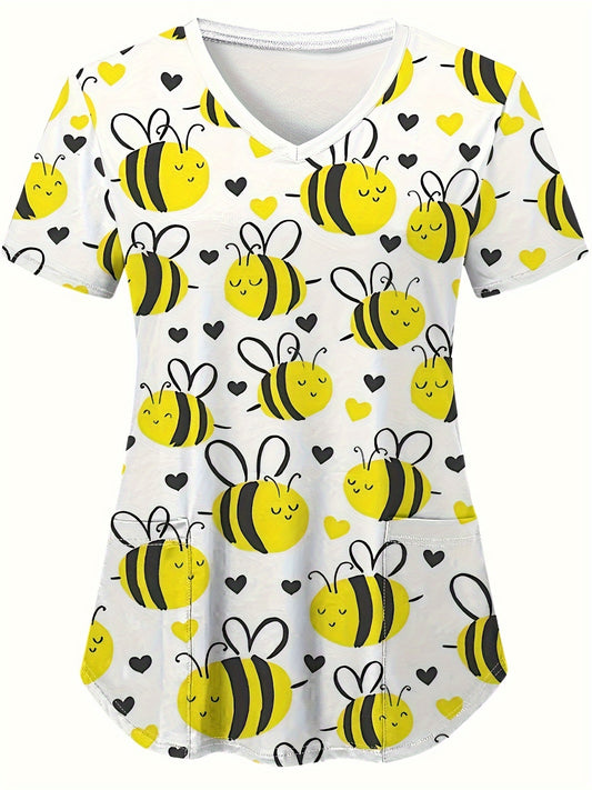 Bee Print V-neck Scrub Top, Comfortable & Functional Health Care Uniform Top, Perfect For Working In Hospitals & Dental Office, Women's Work Clothing