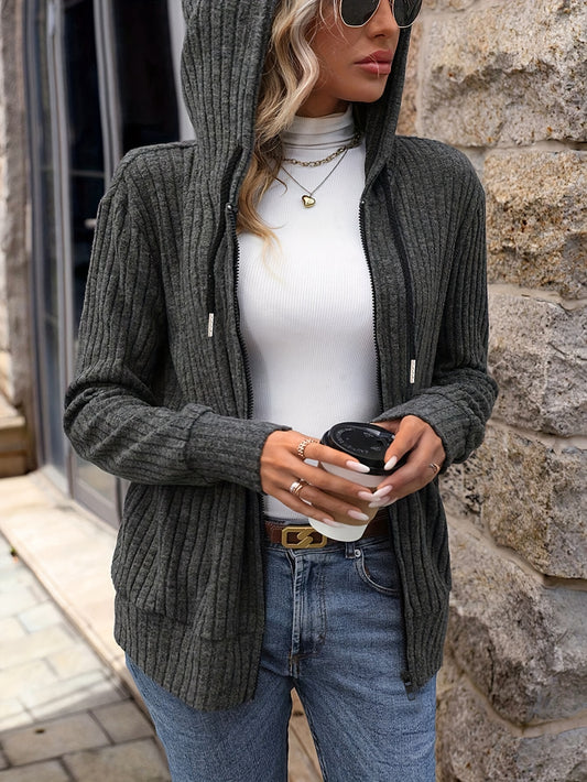 Chaqueta con capucha de punto acanalado acogedora: cierre de cordón suave, cremallera frontal, manga larga, ropa informal para primavera y otoño: ropa sencilla pero elegante para mujer para uso diario