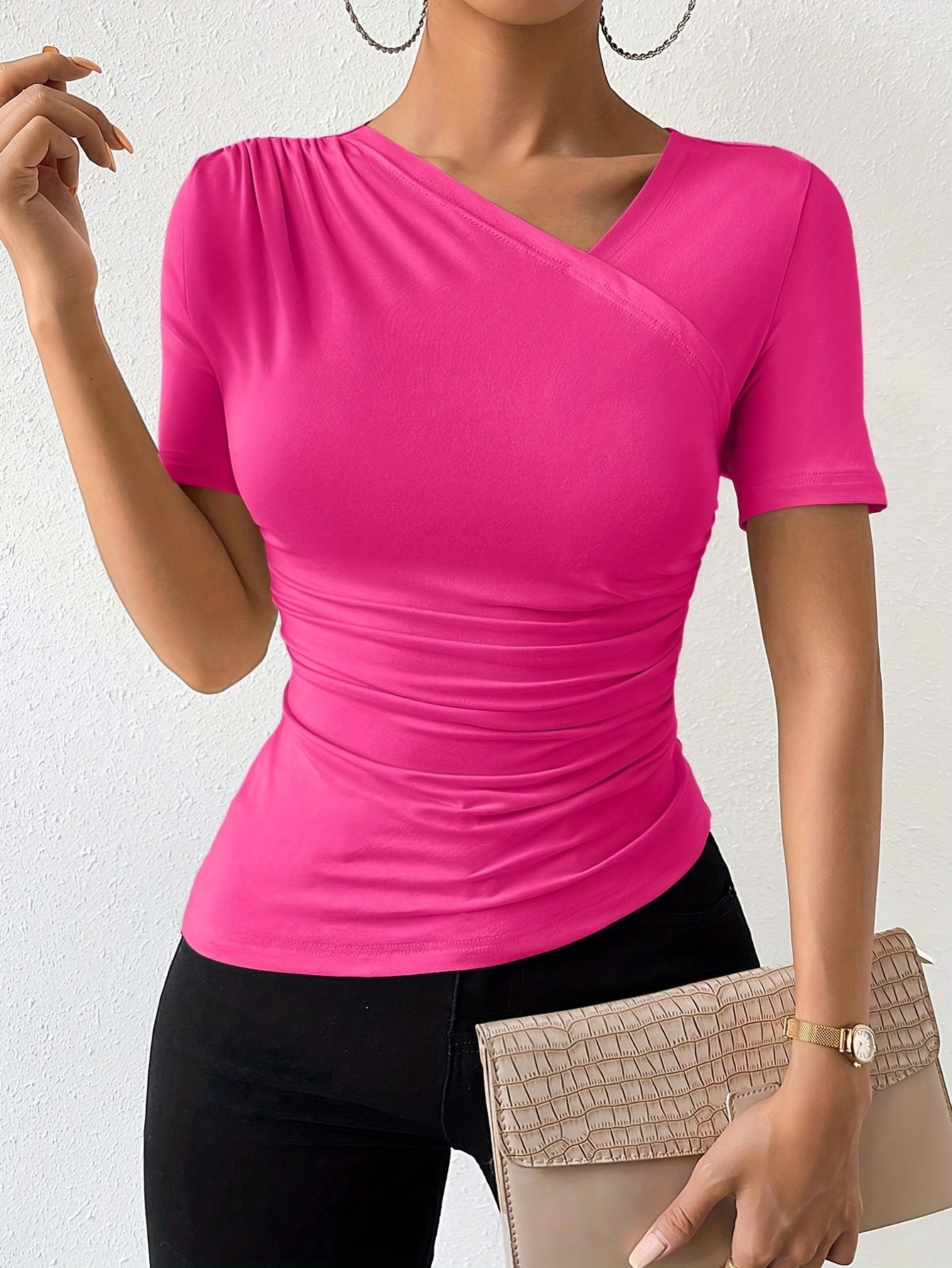 Womens Solid Color Asymmetrical T-Shirt with Ruched Neckline - Chic, Slim-Fitting & Trendy Short Sleeve Top for a Flattering Look