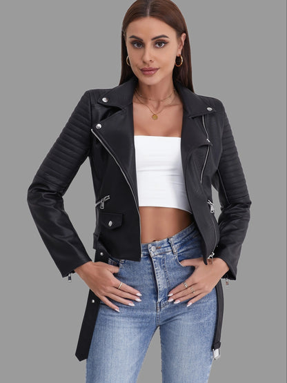 Chaqueta de motociclista lisa, ropa de calle de manga larga con cremallera, ropa de mujer